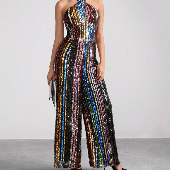Rainbow Multicolor Sequin Party Halter Neck Women's Jumpsuit - Picture 6 of 7